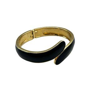 Vintage Trifari Hinged Bangle Clamper Bracelet 80s 90s Gold Tone & Black Enamel